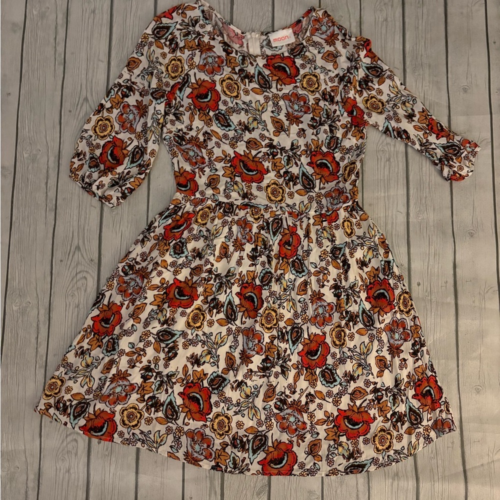 Modcloth Cream Floral Midi Dress with Red and Yellow Blooms